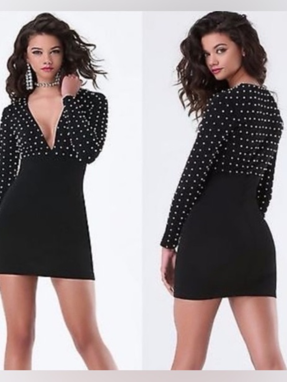 Bebeโ Black Long Sleeve Bodycon Mini Dress Deep V-neck Pearl Stud Embellishments